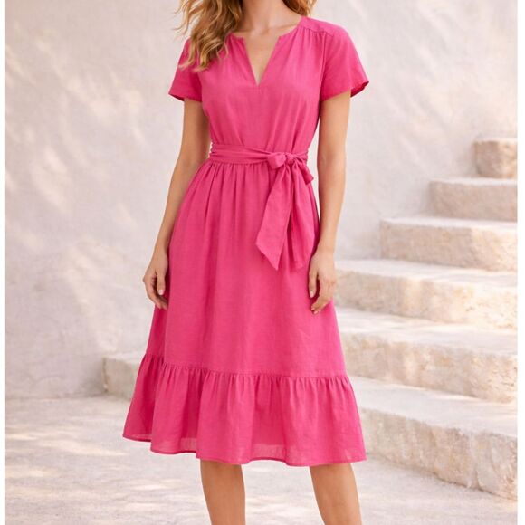 J. Crew Factory Dresses & Skirts - J.Crew Pink Cotton Tie-Waist Tiered Midi Dress Size 4 Preppy Cottagecore